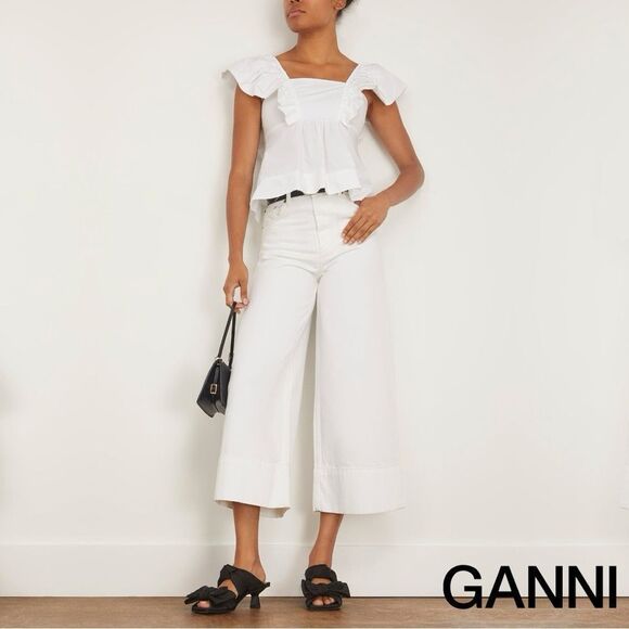 GANNI **NWT** Sleeveless Ruffle Cotton Poplin Blouse / Tank in Bright White - Picture 7 of 16